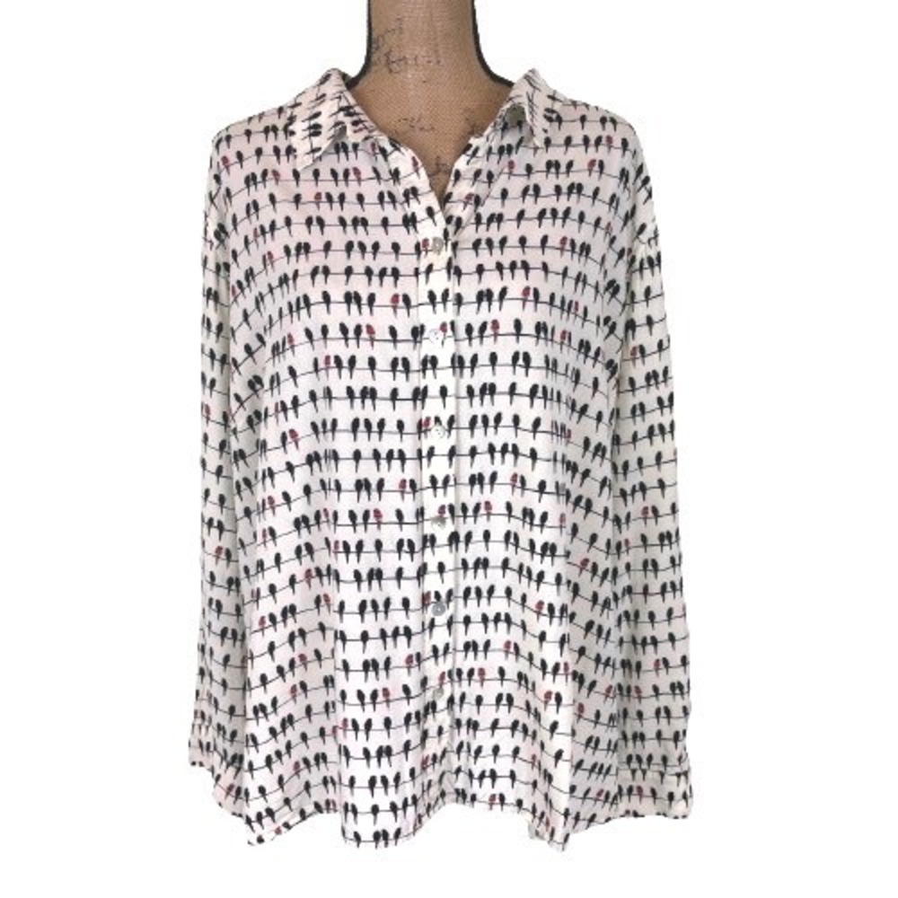 Jane and Delancey Birds on a Wire Button Down Shirt White Twee Plus Size 3X